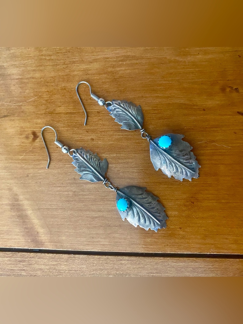 Vintage Native American Sterling Silver Feather Dangle Earrings with Turquoise